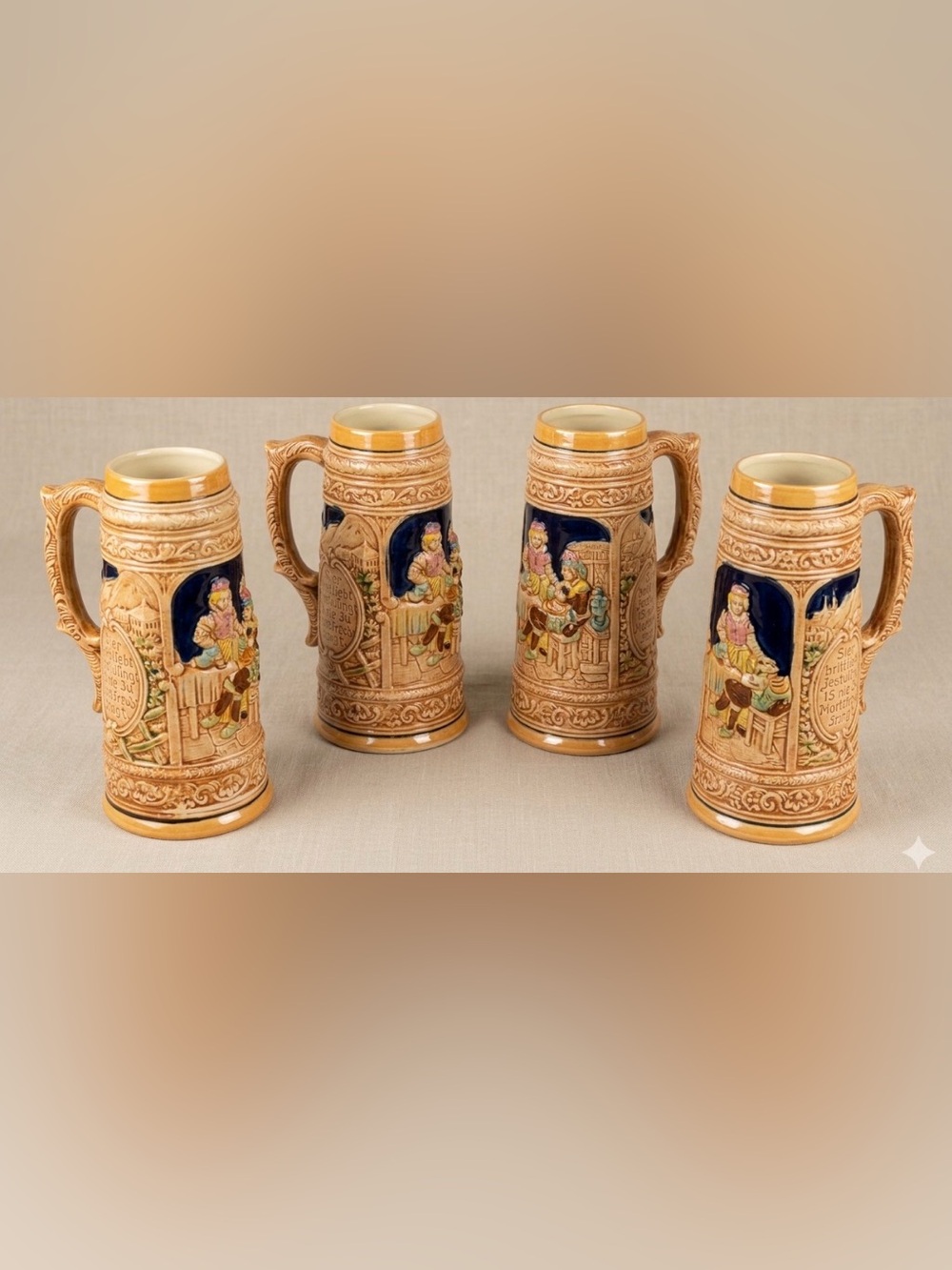 VTG Japanese Ceramic Beer Stein Set of 4, German Relief Style